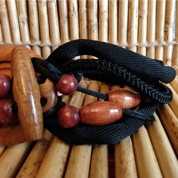 NWOT Black Weaved Strapped Fabric Belt Sliding Wood Beads Circle Center 30 in. - Picture 5 of 12